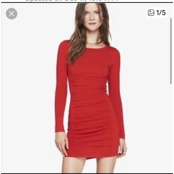 Express Women’s Long Sleeve Red Rouched Bodycon Light Sweater Dress, Small - Picture 1 of 5